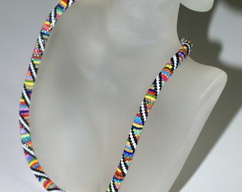 Merry Go Round / Bead Crochet Necklace Choker / Multicolor Colorful Striped Rainbow Seed Bead Jewelry / Handmade Gift for Woman