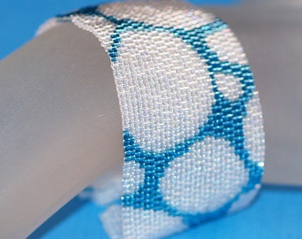 Bright Bubbles on Turquoise Blue / Bracelet Cuff Peyote Beadwoven / Iridescent Blue & White Beads / Mod Jewelry / Diver Gift / Swimmer Gift