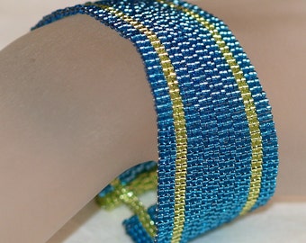 Tequila and Blue Curacao / Beadwoven Peyote Bracelet Cuff / Metallic Turquoise & Lemon Lime Stripes / Beaded Jewelry / Gift for Mom