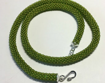 Olivine Choker / Bead Crochet Necklace / Silver Toned Hook and Loop Closure / Seed Bead Jewelry / Handmade Gift for Her / Wearable Art