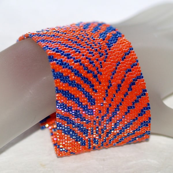 To and Fro / Beadwoven Peyote Cuff Bracelet / Brilliant Orange and Midnight Blue Waves or Rays / Contrasting Colors / Mod Cuff Bracelet