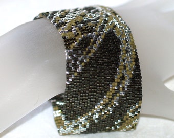 Fabric in Olive and Silver / Beadwoven Peyote Cuff Bracelet / Dark Green Earthy Colors / Abstract Design of Metallic Beads / Gift for Her