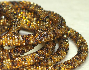 Topaz / Bead Crochet Rope Necklace or Wrap Bracelet / Metallic Silver Lined Beads of Amber, Honey, Gold / Topaz Jewelry / Long Necklace