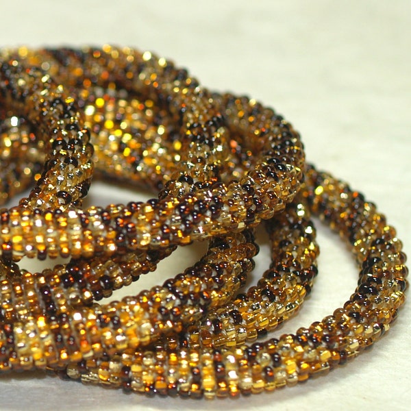 Topaz / Bead Crochet Rope Necklace or Wrap Bracelet / Metallic Silver Lined Beads of Amber, Honey, Gold / Topaz Jewelry / Long Necklace