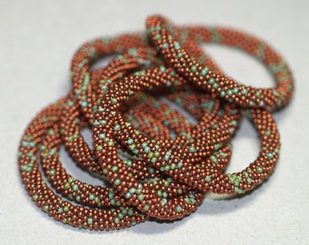 Petina / Necklace or Bracelet / Copper and Turquoise Green Beaded Jewelry / Bead Crochet Rope / Earthy Colors / Southwestern Jewelry