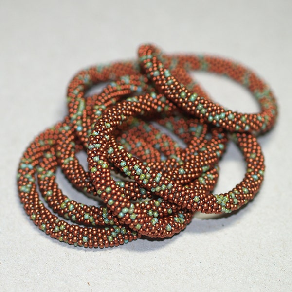 Petina / Necklace or Bracelet / Copper and Turquoise Green Beaded Jewelry / Bead Crochet Rope / Earthy Colors / Southwestern Jewelry