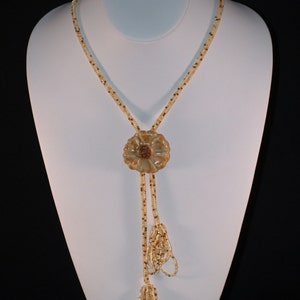 Autumn Bloom / Beadwoven Lariat Necklace with Stoneware Flower Pendant / Cream, Caramel, and Honey Colored Beads / Beaded Jewelry image 2