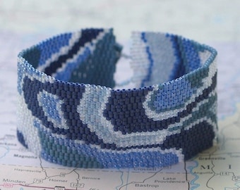 Moon River / Peyote Bracelet Beadwoven Cuff / Mod Swirl Beading Design / Monochromatic Blue Beads / Beaded Jewelry / Swimmer Gift