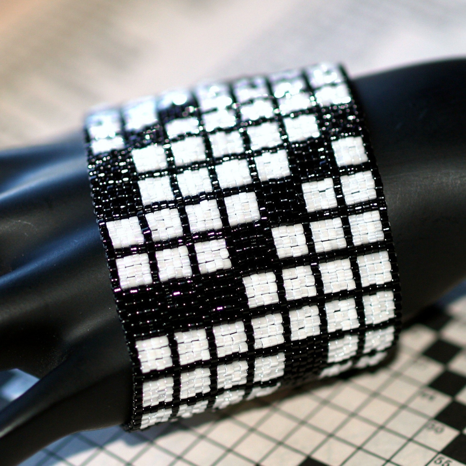 Crossword Puzzle / Peyote Bracelet Beadwoven Cuff / Black and White