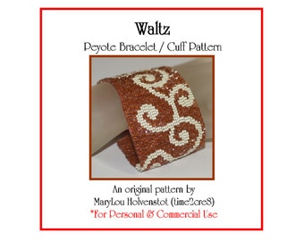WALTZ Peyote Cuff Bracelet Pattern - Beadwoven Jewelry Tutorial PDF Digital Two-Color Swirls Curly Lines Wide Beaded Cuff Instructions
