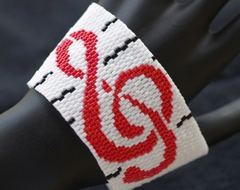 Treble Clef / Wide Beadwoven Peyote Cuff Bracelet / Music Lover Jewelry / Musician Jewelry / Black, White, Red, Gray / Beaded Bracelet