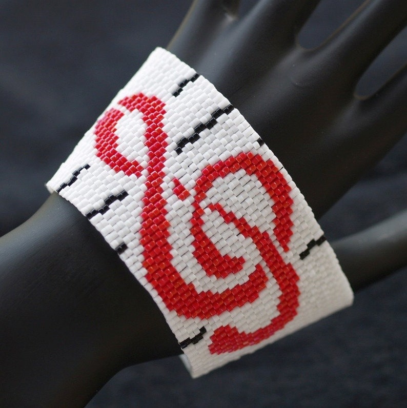 Treble Clef / Wide Beadwoven Peyote Cuff Bracelet / Music Lover Jewelry / Musician Jewelry / Black, White, Red, Gray / Beaded Bracelet image 1