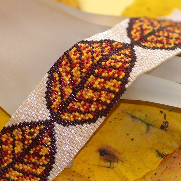 Leaf Skeletons / Beadwoven Peyote Cuff Bracelet / Autumn Leaves Beaded Jewelry / Orange, Gold, Dark Red, Brown / Beaded Cuff Bracelet