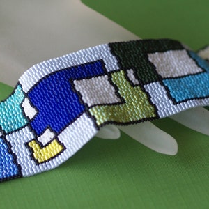 Playing with Blocks / Peyote Bracelet Cuff Wide / Geometric Jewelry / Blues and Greens / Mondrian Inspired / Abstract Retro Bracelet image 5