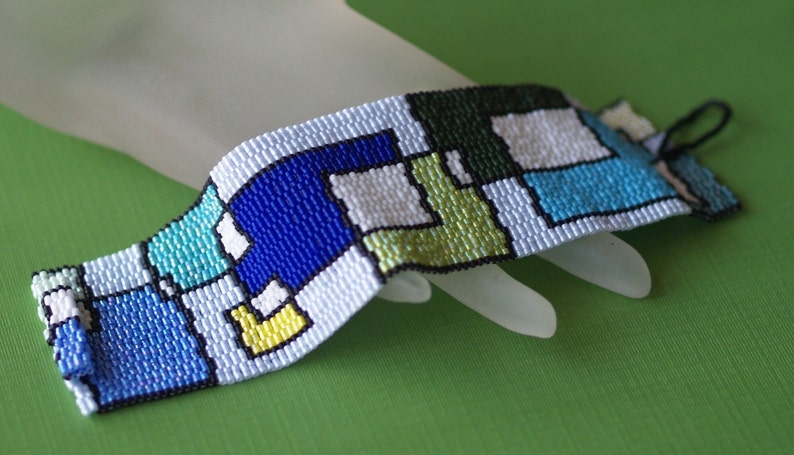 Playing with Blocks / Peyote Bracelet Cuff Wide / Geometric Jewelry / Blues and Greens / Mondrian Inspired / Abstract Retro Bracelet image 5