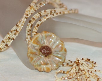 Autumn Bloom / Beadwoven Lariat Necklace with Stoneware Flower Pendant / Cream, Caramel, and Honey Colored Beads / Beaded Jewelry