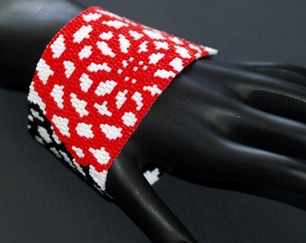 Dahlia Bouquet / Beadwoven Bracelet Cuff / Black, Red, White  Bracelet / Abstract Floral Peyote Bead Design / Beaded Loop & Toggle Closure