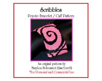 SCRIBBLES Peyote Cuff Bracelet Pattern / Beadwoven Jewelry Tutorial / PDF Digital Download / 3 for price of 2 / Abstract Swirls Pink Black