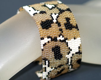 Leopard / Beadwoven Peyote Cuff Bracelet / Spotted Wild Animal Print Jewelry / Gold, Black, Cream / Original Design / Leopard Print Cuff