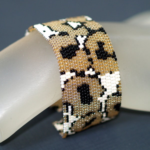 Leopard / Beadwoven Peyote Cuff Bracelet / Spotted Wild Animal Print Jewelry / Gold, Black, Cream / Original Design / Leopard Print Cuff