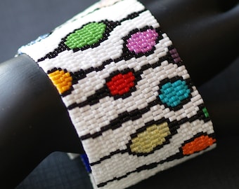 Circus Pods / Beaded Wide Peyote Cuff Bracelet / Multicolor Jewelry / Rainbow Colors / Beadwoven Jewelry / Loop and Beadwoven Toggle Closure