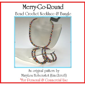 May include: A bead crochet necklace and bangle set. The jewelry features a colorful pattern of red, yellow, blue, and green beads. The text "Merry-Go-Round" and designer information are also visible.
