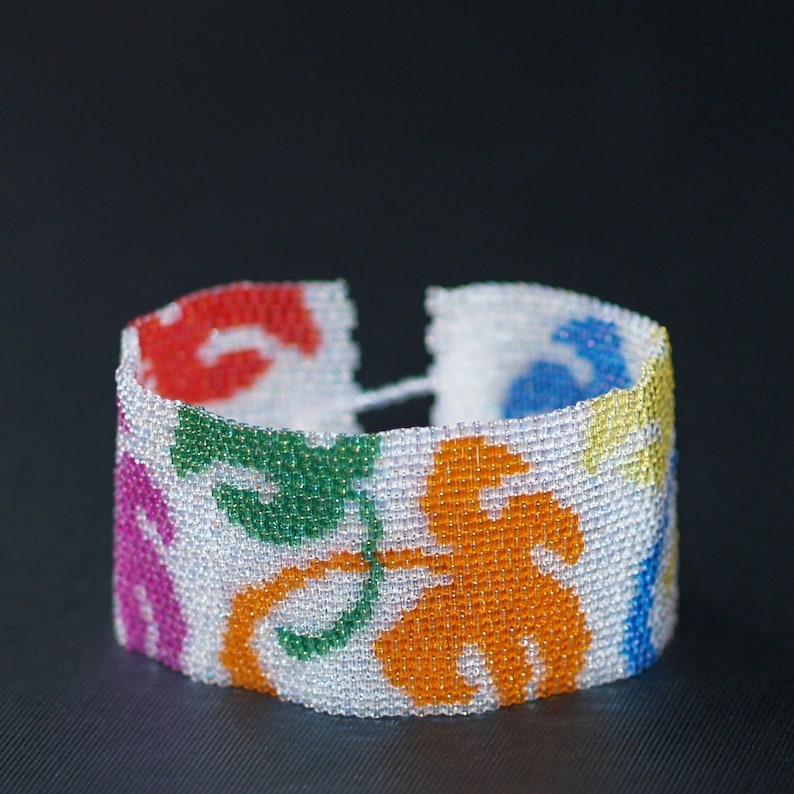 Leaves of Summer / Beadwoven Peyote Cuff Bracelet / Brightly Colored Jewelry / Oak Leaf Pattern / Red, Blue, Green, Orange, Fuchsia, Yellow image 1