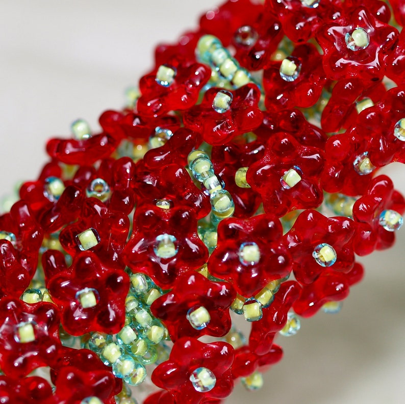 Crimson Flowers / Caterpillar Beadwoven Bracelet / Lime Green Fringes and Red Flower Beads / OOAK / Silver Toned Clasp / Beaded Jewelry image 2