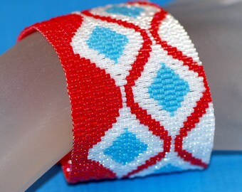 Turquoise Diamonds / Wide Beadwoven Peyote Cuff Bracelet / Beading in Red, Turquoise, and White Geometric Retro Shapes / Beaded Jewelry Cuff