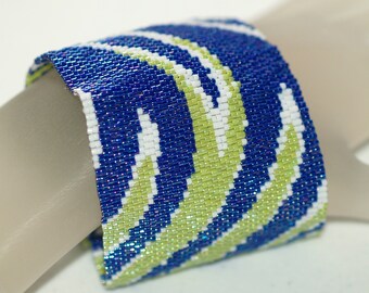 Swoosh / Peyote Bracelet Beadwoven Cuff / Abstract Bead Pattern / Royal Blue, Lime Green, White Beaded Bracelet / Funky Statement Bracelet