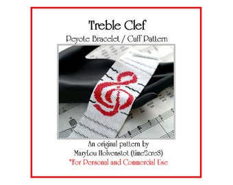 TREBLE CLEF Peyote Cuff Bracelet Pattern - Beadwoven Jewelry Tutorial PDF Digital Download Music Musician Notation Three Color Even Count