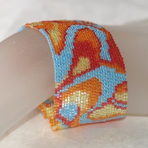 Fruit Cocktail / Peyote Bracelet Beaded Cuff Beadwoven / Colorful Yellow, Tangerine, Cherry, Aqua Beads / Swirly Mod Design / Beaded Jewelry image 1