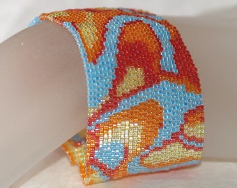 Fruit Cocktail / Peyote Bracelet Beaded Cuff Beadwoven / Colorful Yellow, Tangerine, Cherry, Aqua Beads / Swirly Mod Design / Beaded Jewelry