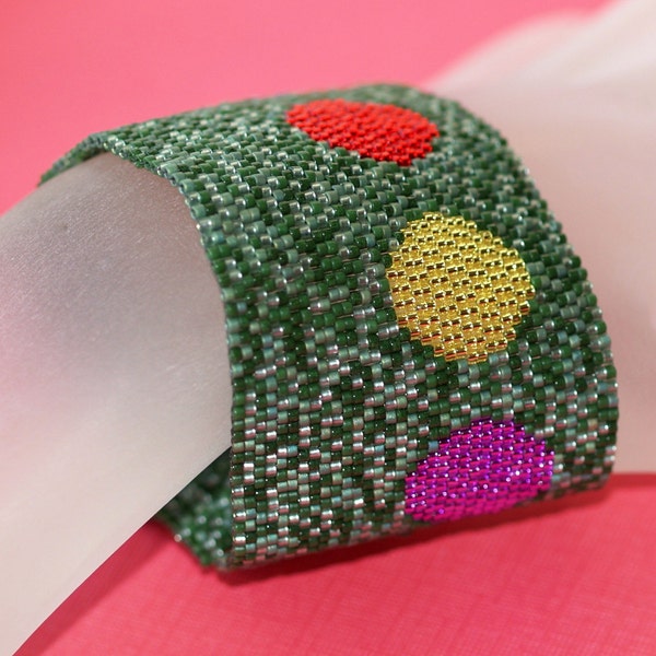 Christmas / Wide Beadwoven Peyote Cuff Bracelet / Festive Holiday Jewelry for Her / Colorful Metallic Beads / Christmas Jewelry Gift