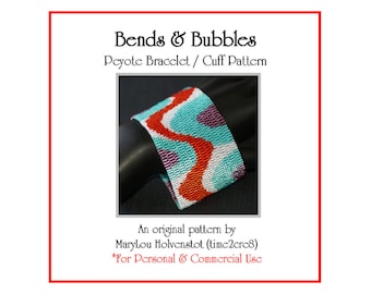 BENDS and BUBBLES Peyote Bracelet Pattern - Jewelry Tutorial Wide Beadwoven Cuff Abstract Wavy Lines Even Count Peyote Four Colors Retro Mod