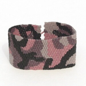 Hiding in the Hydrangeas / Beadwoven Peyote Cuff Bracelet / Feminine Camo Pattern Camouflage / Pinks Purples Black / Ladies Military Jewelry