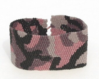 Hiding in the Hydrangeas / Beadwoven Peyote Cuff Bracelet / Feminine Camo Pattern Camouflage / Pinks Purples Black / Ladies Military Jewelry