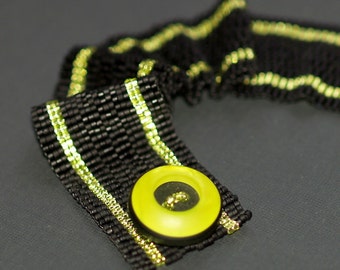 Sublime Lime / Narrow Striped Beadwoven Peyote Bracelet / Matte Black & Metallic Green Beads / Lime Green Button / Beaded Jewelry