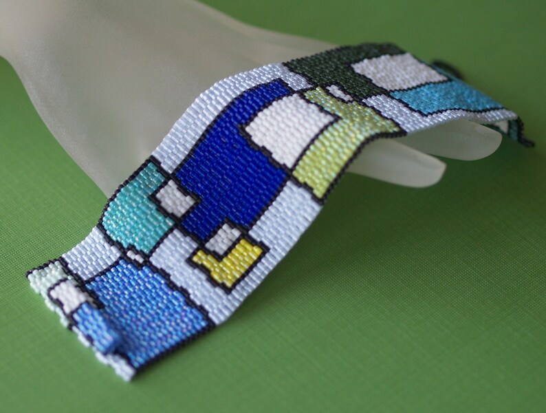 Playing with Blocks / Peyote Bracelet Cuff Wide / Geometric Jewelry / Blues and Greens / Mondrian Inspired / Abstract Retro Bracelet image 3