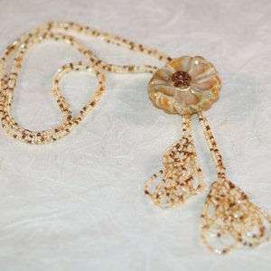 Autumn Bloom / Beadwoven Lariat Necklace with Stoneware Flower Pendant / Cream, Caramel, and Honey Colored Beads / Beaded Jewelry image 4