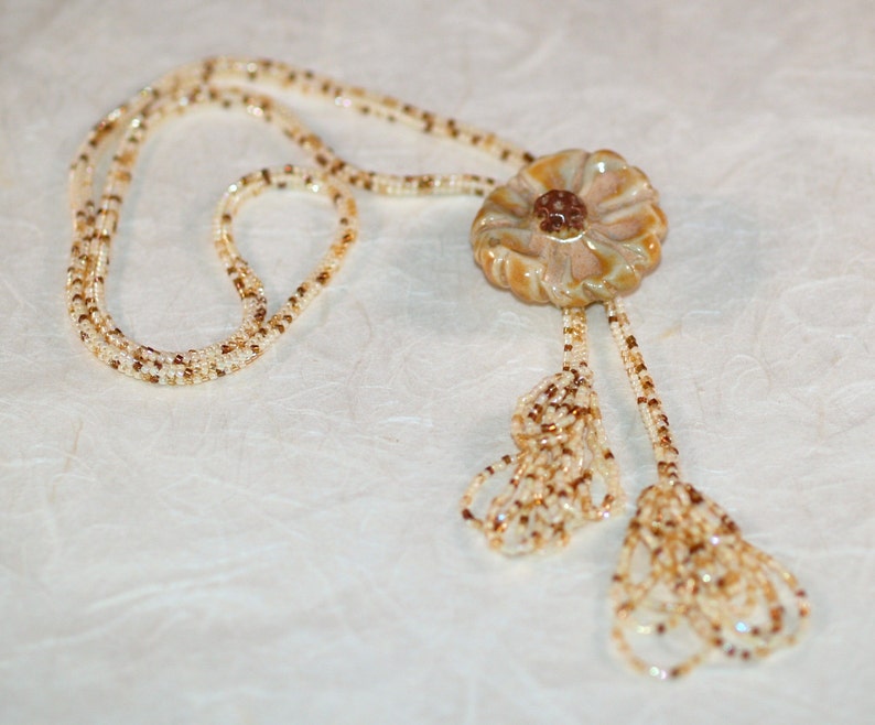 Autumn Bloom / Beadwoven Lariat Necklace with Stoneware Flower Pendant / Cream, Caramel, and Honey Colored Beads / Beaded Jewelry image 4
