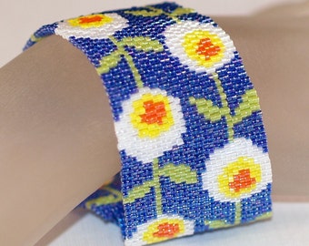 Daisy Chain / Beadwoven Peyote Cuff Bracelet / Beaded Flower Jewelry / Royal Blue, Sunny Yellow, Snow White, Lime Green / Mothers Day Gift