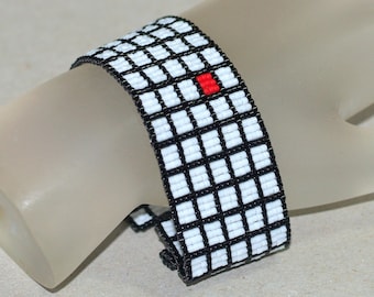 Red Square / Beadwoven Peyote Cuff Bracelet / Black and White Geometric / Handmade Jewelry / Beaded Cuff / Beaded Loop and Toggle Closure