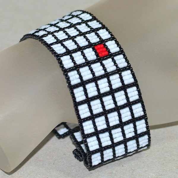 Red Square / Beadwoven Peyote Cuff Bracelet / Black and White Geometric / Handmade Jewelry / Beaded Cuff / Beaded Loop and Toggle Closure