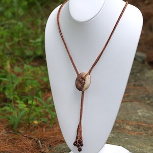 Lalita / Beadwoven Necklace with Smoke Fired Clay Donut Focal Pendant / Copper Beads and Faux Pearls / Earthy Colors / Ndebele Necklace image 4