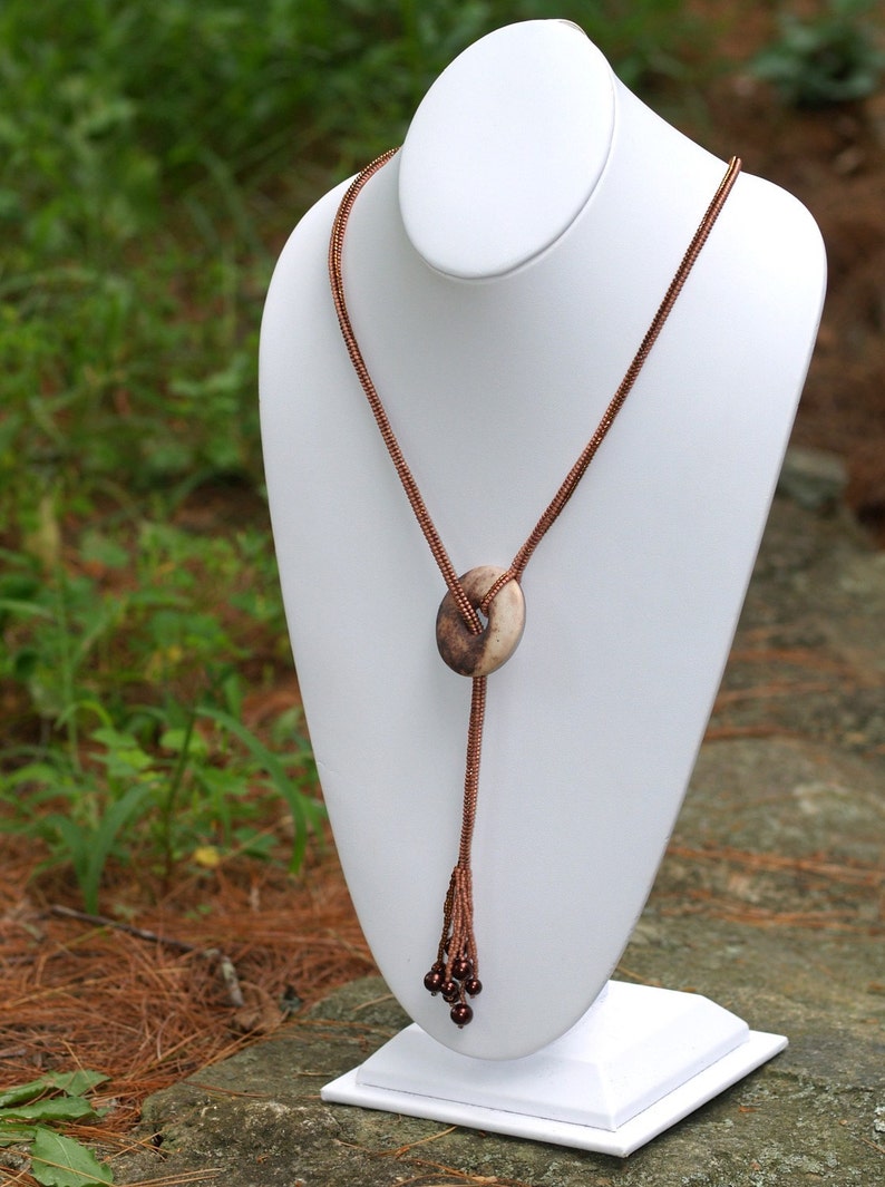 Lalita / Beadwoven Necklace with Smoke Fired Clay Donut Focal Pendant / Copper Beads and Faux Pearls / Earthy Colors / Ndebele Necklace image 4