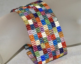 Not Your Grandma's Patchwork / Beadwoven Peyote Cuff Bracelet / Quilter Quilt Gift / Multicolor Jewelry / Beaded Jewelry / Mothers Day Gift