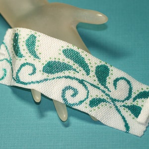 Paisley / Wide Peyote Bead Cuff Bracelet / White, Teal, Turquoise, Lime Green / Vine Leaf Beaded Design image 2