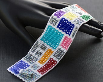 In Stitches /Wide Peyote Bracelet Beadwoven Cuff / Colorful Jewelry / Multicolor Geometric, Squares, Rectangles / Quilter's Jewelry Gift