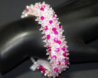 Crystal Caterpillar / Fringed Beadwoven Bracelet in Fuchsia, Pale Pink and Crystal Clear Beads / Beadwoven Loop & Toggle Closure / OOAK